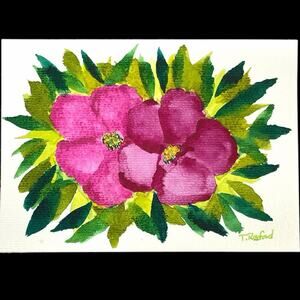 Hand painted watercolor original painting magenta flowers leaves